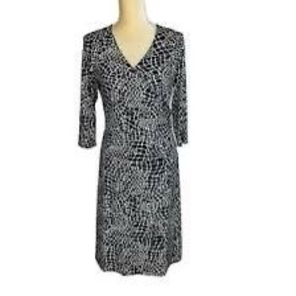 Talbots Women's 12 Faux Wrap Stretch Dress Black White Abstract Fitted Career